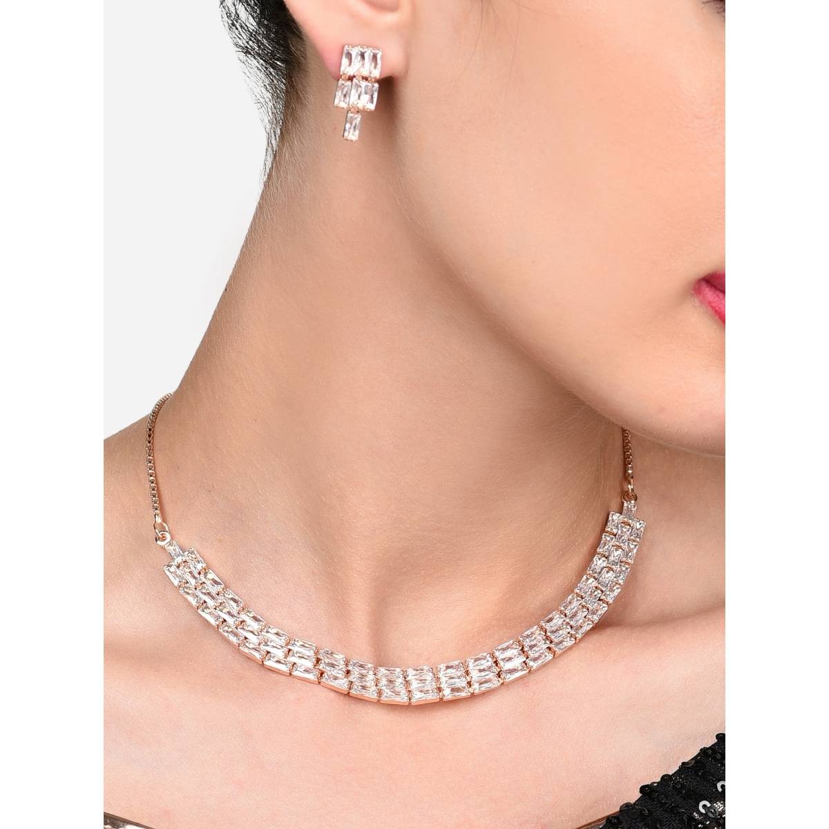 Zaveri Pearls Rose Gold Plated Cubic Zirconia Party Necklace & Earrings Set
