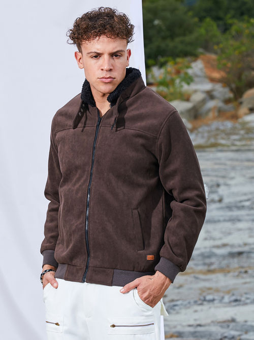 Buy Campus Sutra Brown Zip-Front Jacket with Fleece Detail Online