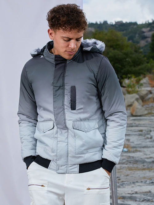 Campus Sutra Charcoal Black and Light Grey Ombre Puffer Jacket with Fleece  Hood