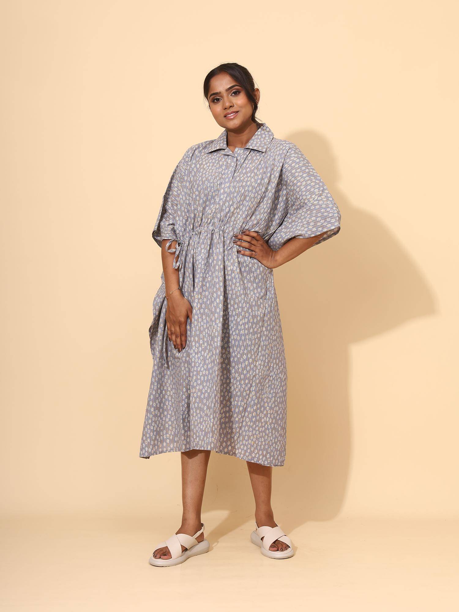 YELLOW BLOOM White And Grey Print Short Length Kaftan Dress
