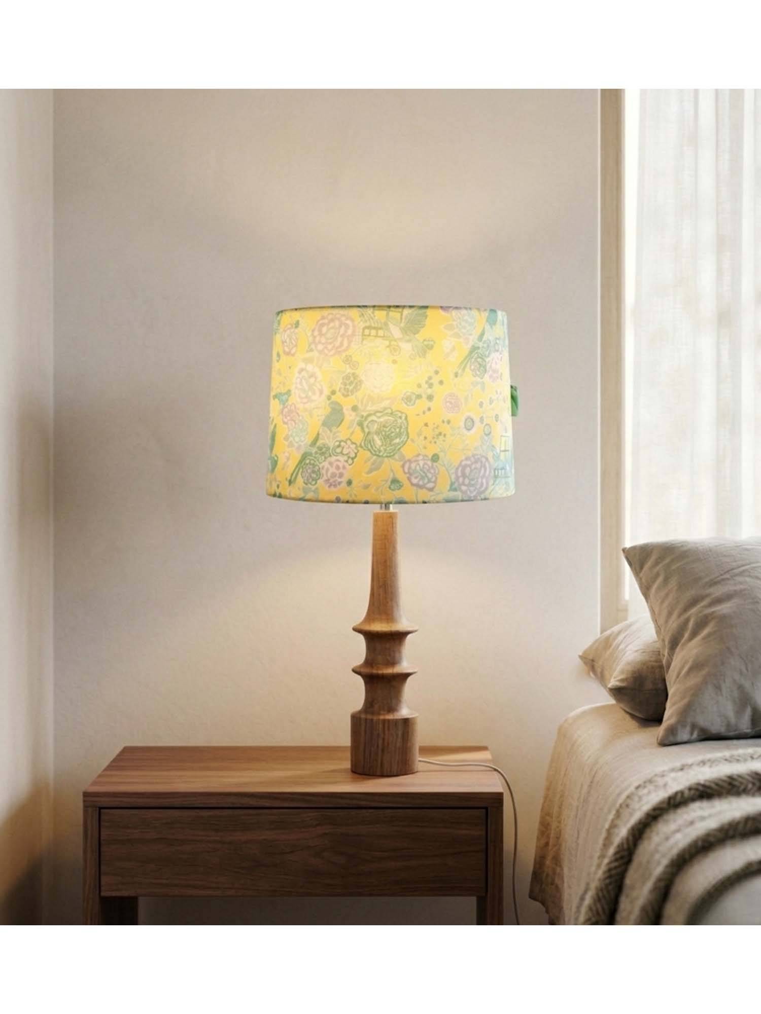 Freedom Tree Turned Handcrafted Wood Table Lamp in Printed Butter Yellow Taper Shade