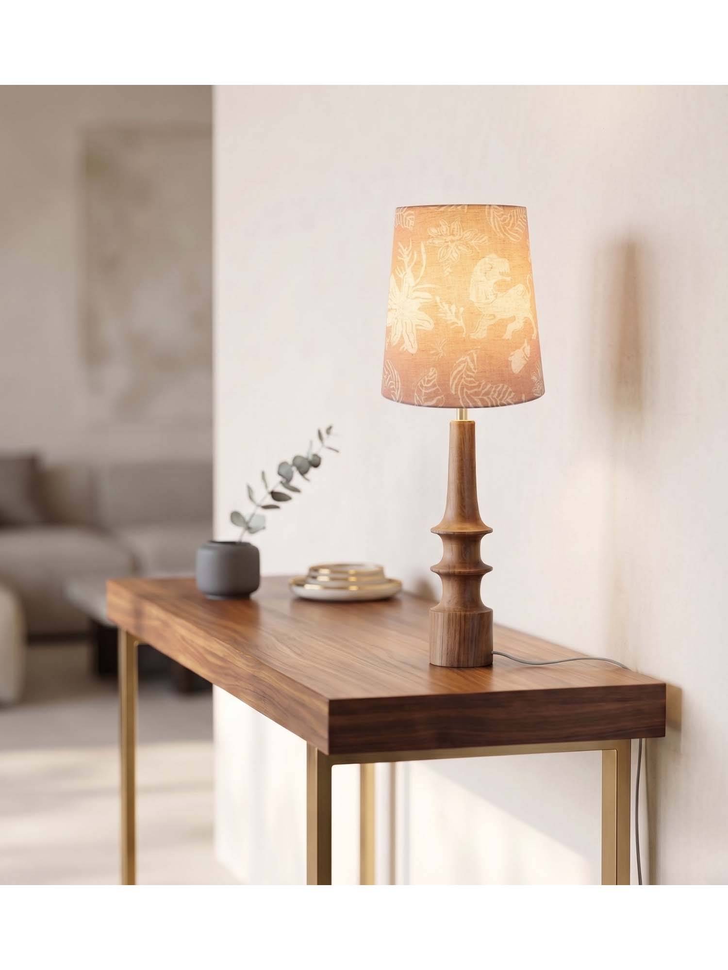 Freedom Tree Turned Handcrafted Wood Table Lamp in Printed Peach Taper Shade