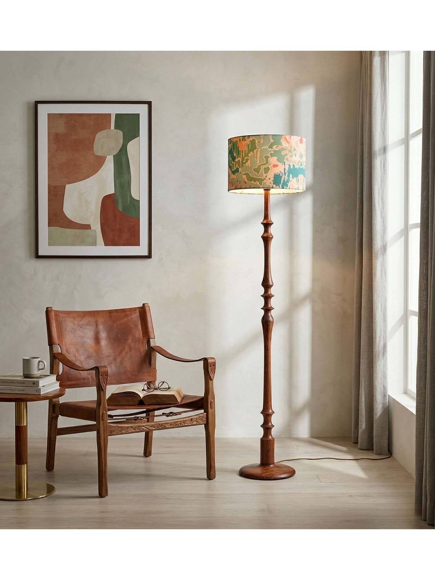Freedom Tree Wooden Handcrafted Natural Teak Floor Lamp with Printed Green Shade