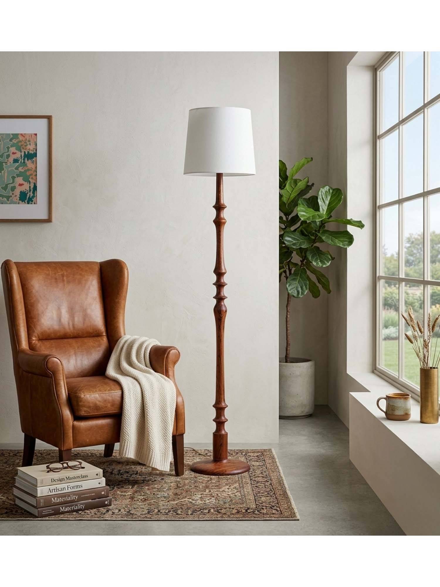Freedom Tree Wooden Handcrafted Natural Teak Floor Lamp with Off White Shade