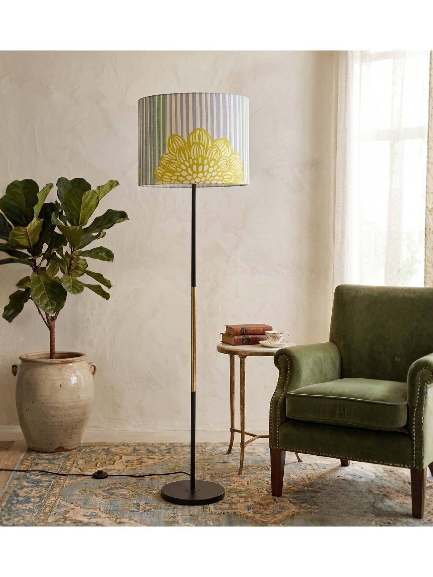 Freedom Tree Modern Slim Black Metal Floor Lamp with Printed Blue Shade