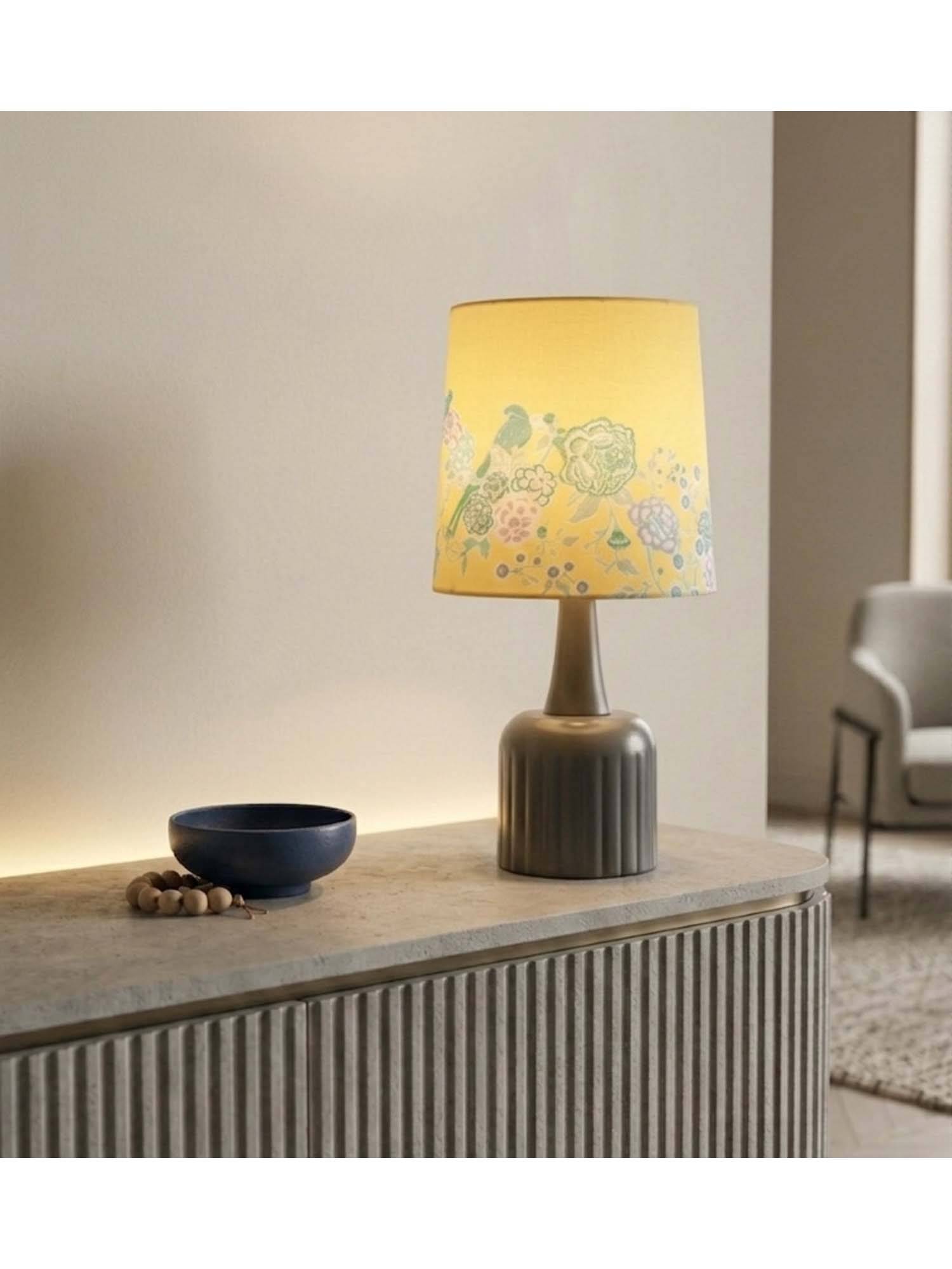 Freedom Tree Luna Minimalist Metal Table Lamp In Printed Yellow Taper Shade