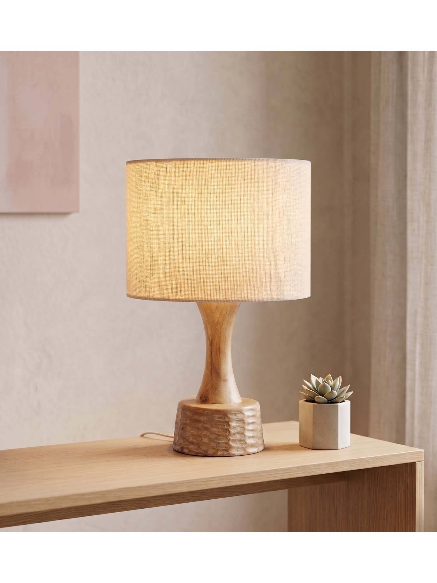 Freedom Tree Soma Handcrafted Natural Wood Table Lamp in Textured Off White Drum Shade