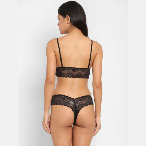 N-Gal Women's Exotic Deep Neck Lace Bra Underwear Lingerie Hipster Panty  Set - Black (S)