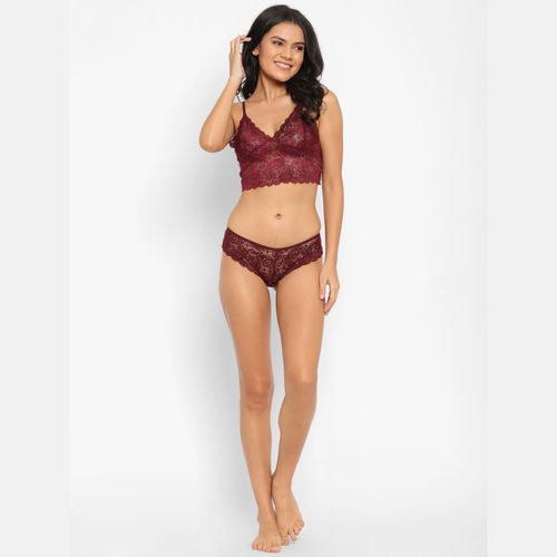 N-Gal Polyester Spandex Lace Bra Underwear Lingerie Lace Hipster Panty Set  - Maroon (S)