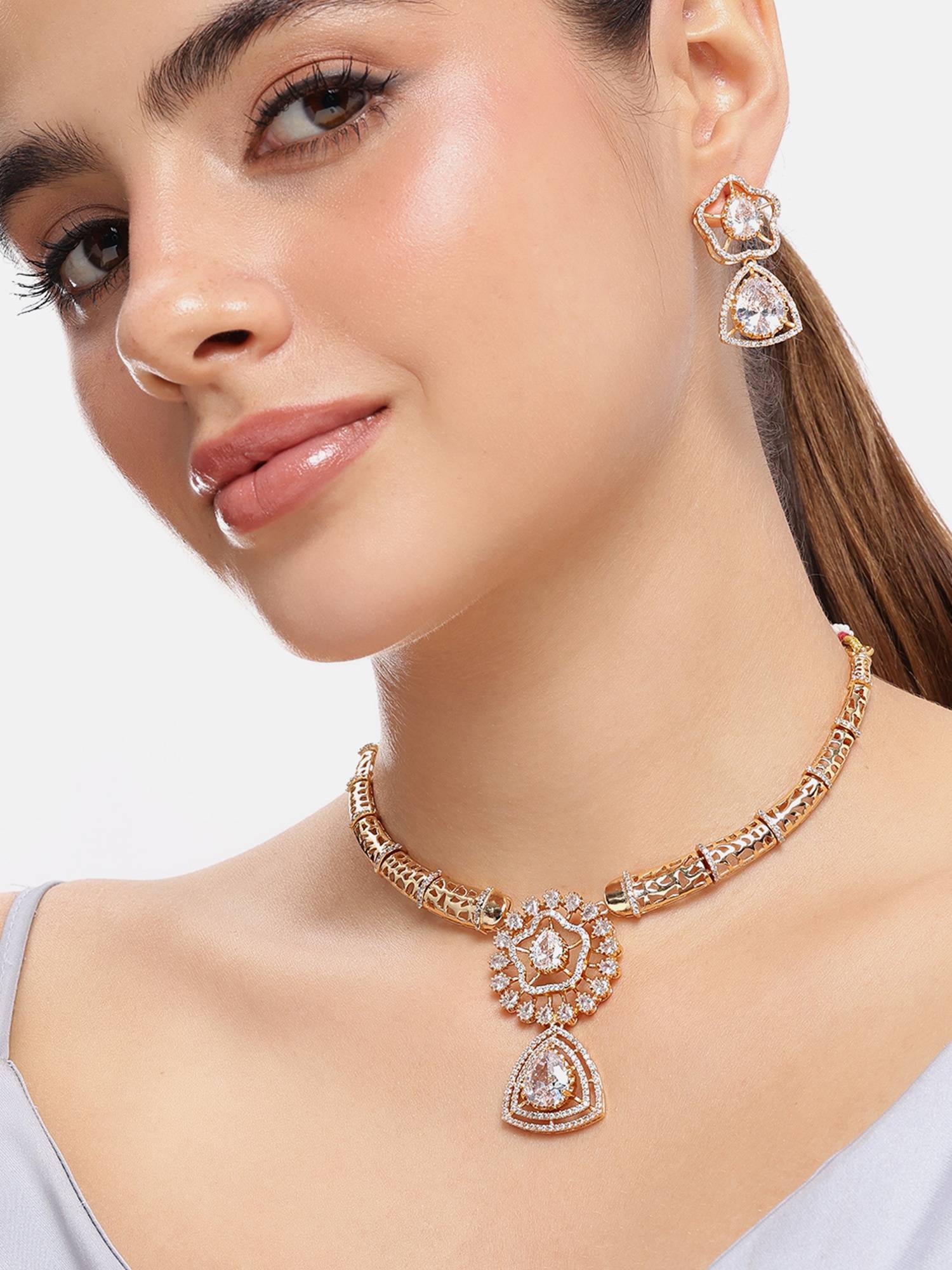 Estele White Cz Stone Necklace Set with Gold Finish