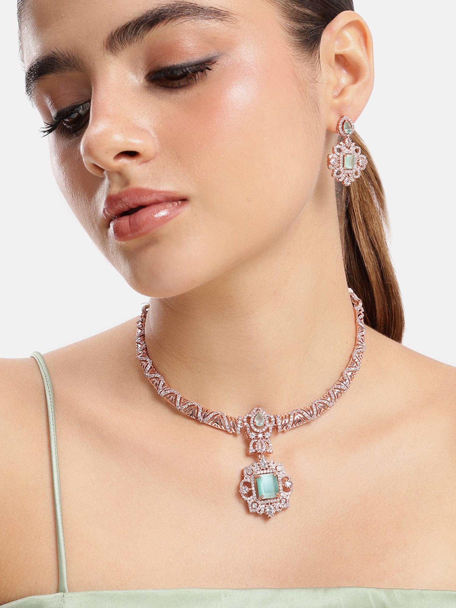 Estele Mint Green Cz Necklace Set with Rose Gold Finish
