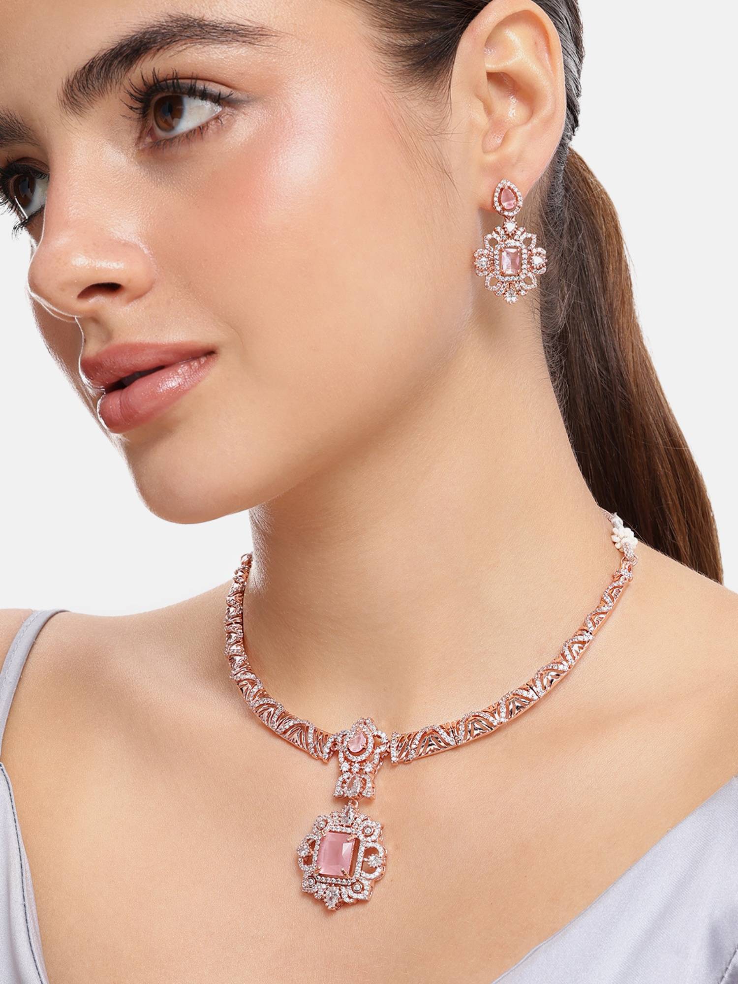 Buy Estele Mint Pink Cz Necklace Set with Rosegold Finish for