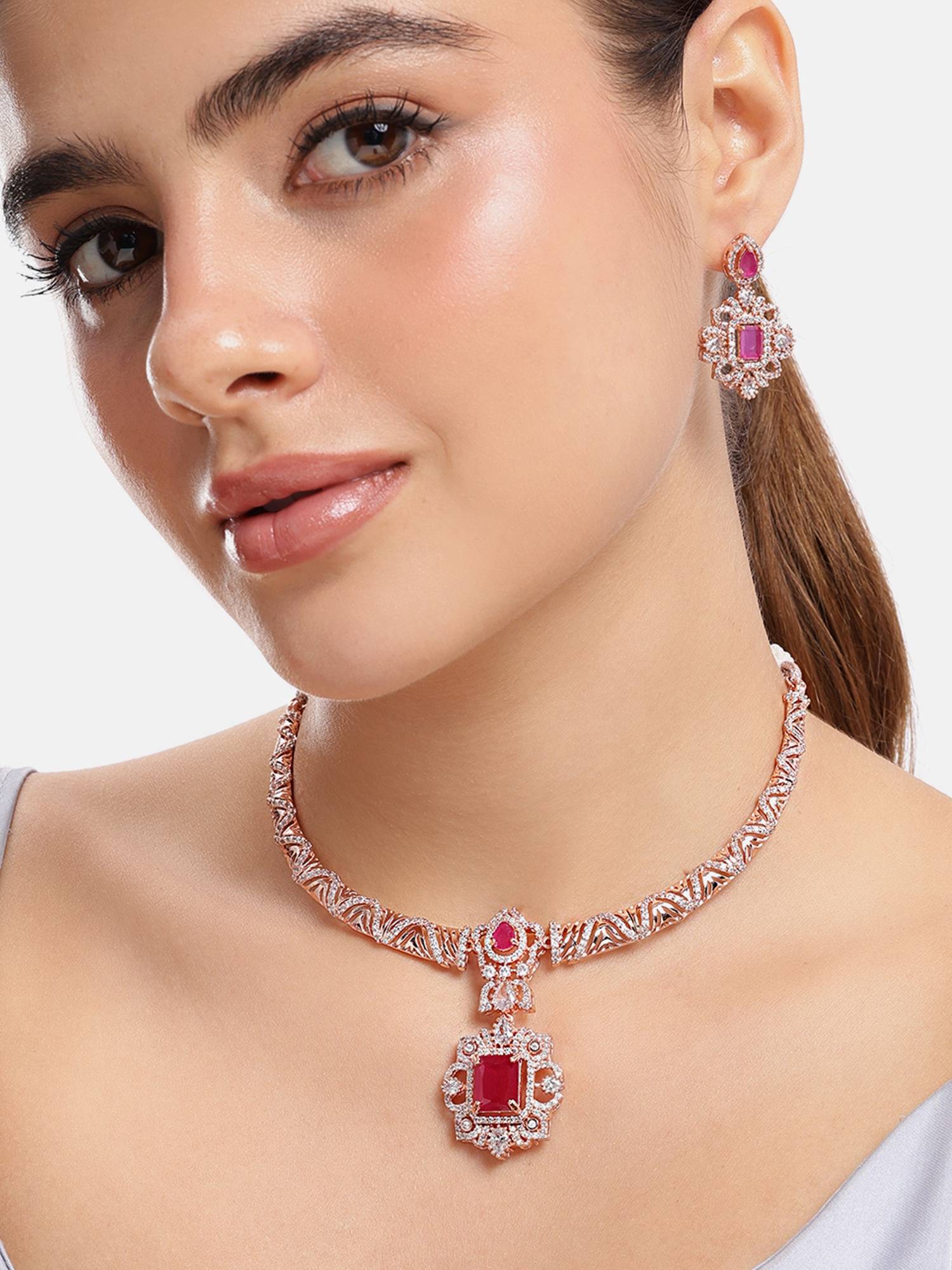 Estele Ruby Cz Stone Necklace Set with Rose Gold Finish