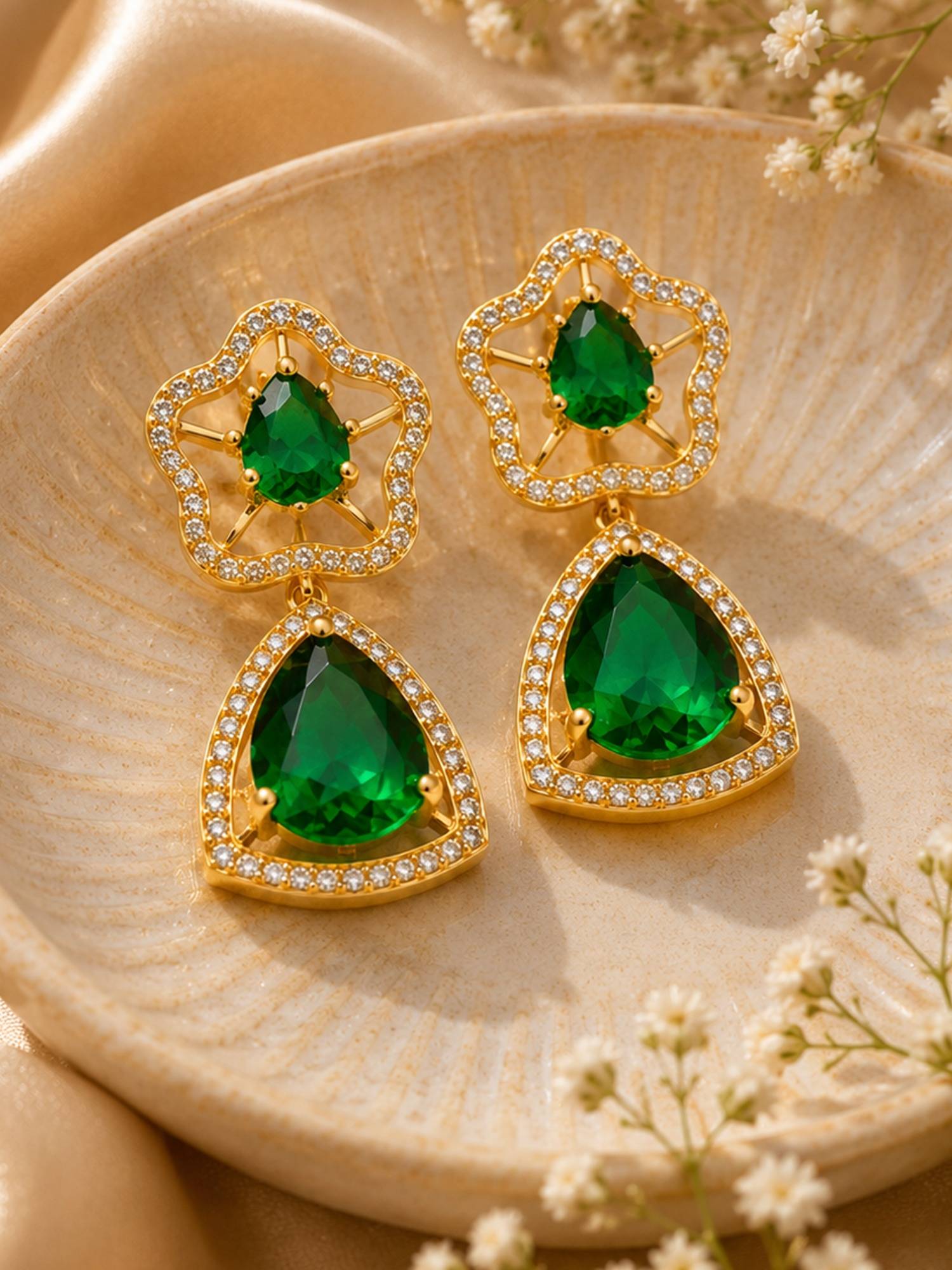 Estele Gold Finish Green Stone Dangler Earrings for Women