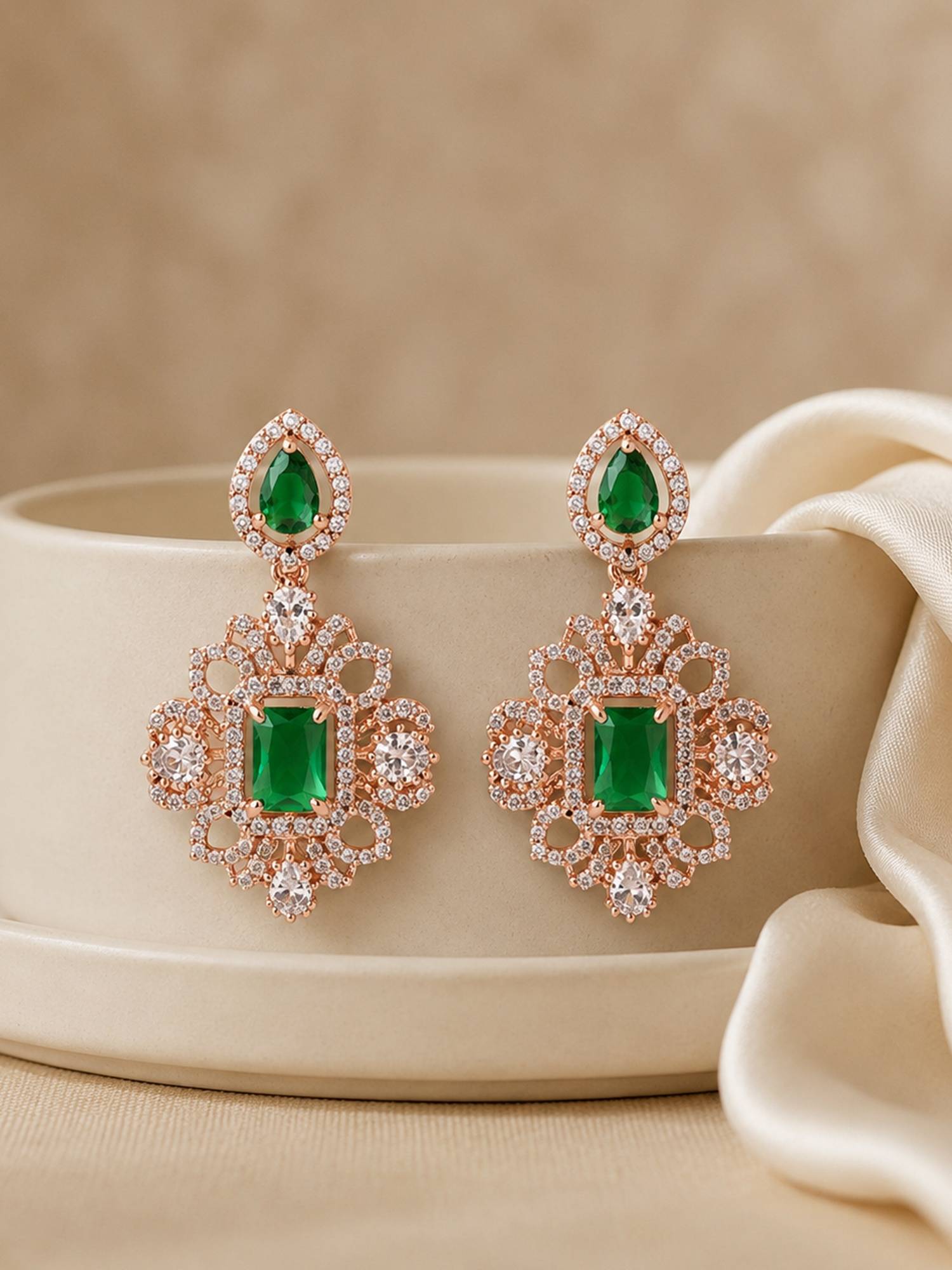 Estele Green Cz Dangler Earrings with Rosegold Finish for Women
