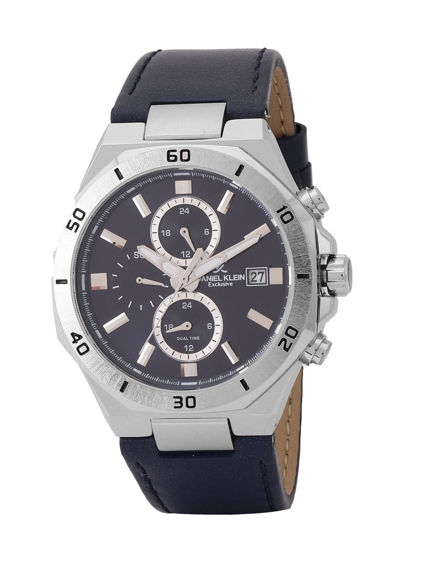 Daniel Klein old Cata Men Genuine Leather Round Navy Blue Dial Watch-DK.1.14003-2 (Medium)