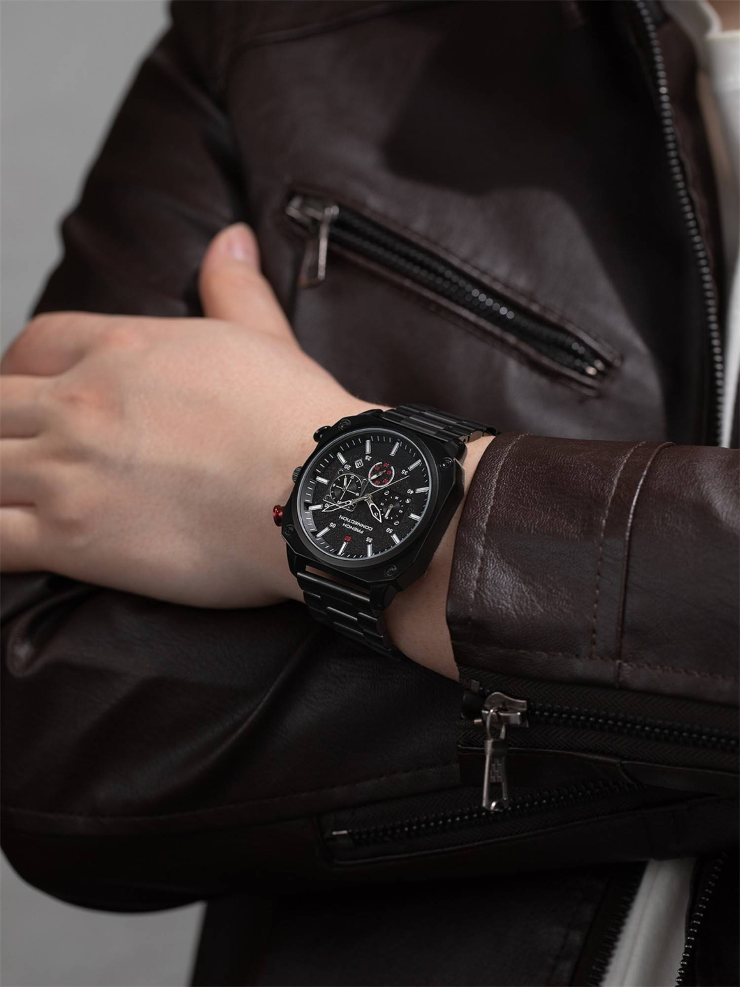 French Connection Chronexis Men Stainless Steel Round Black Dial Watch-FCB19BM (Medium)