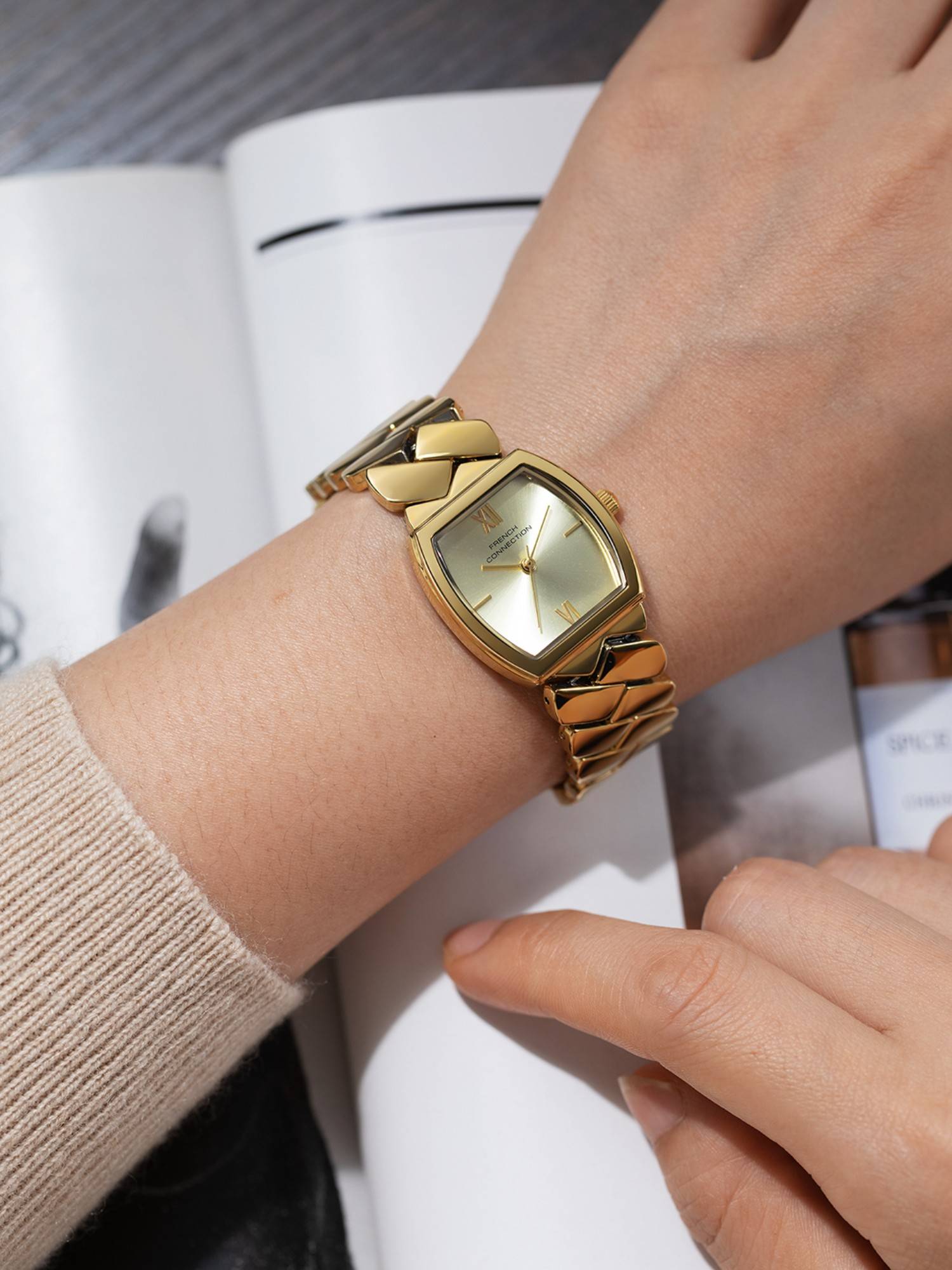 French Connection Braide Women Stainless Steel Round Gold Dial Watch-FCB27GM (Medium)