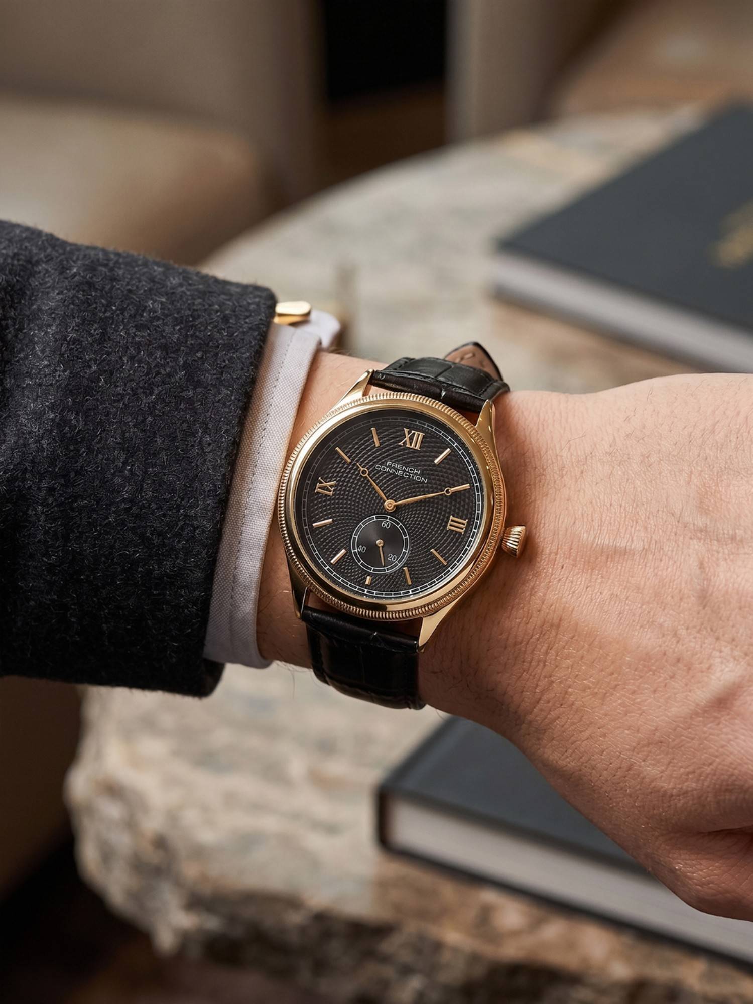 French Connection Heure Noble Men Leather Round Black Dial Watch-FCN0208BL (Medium)
