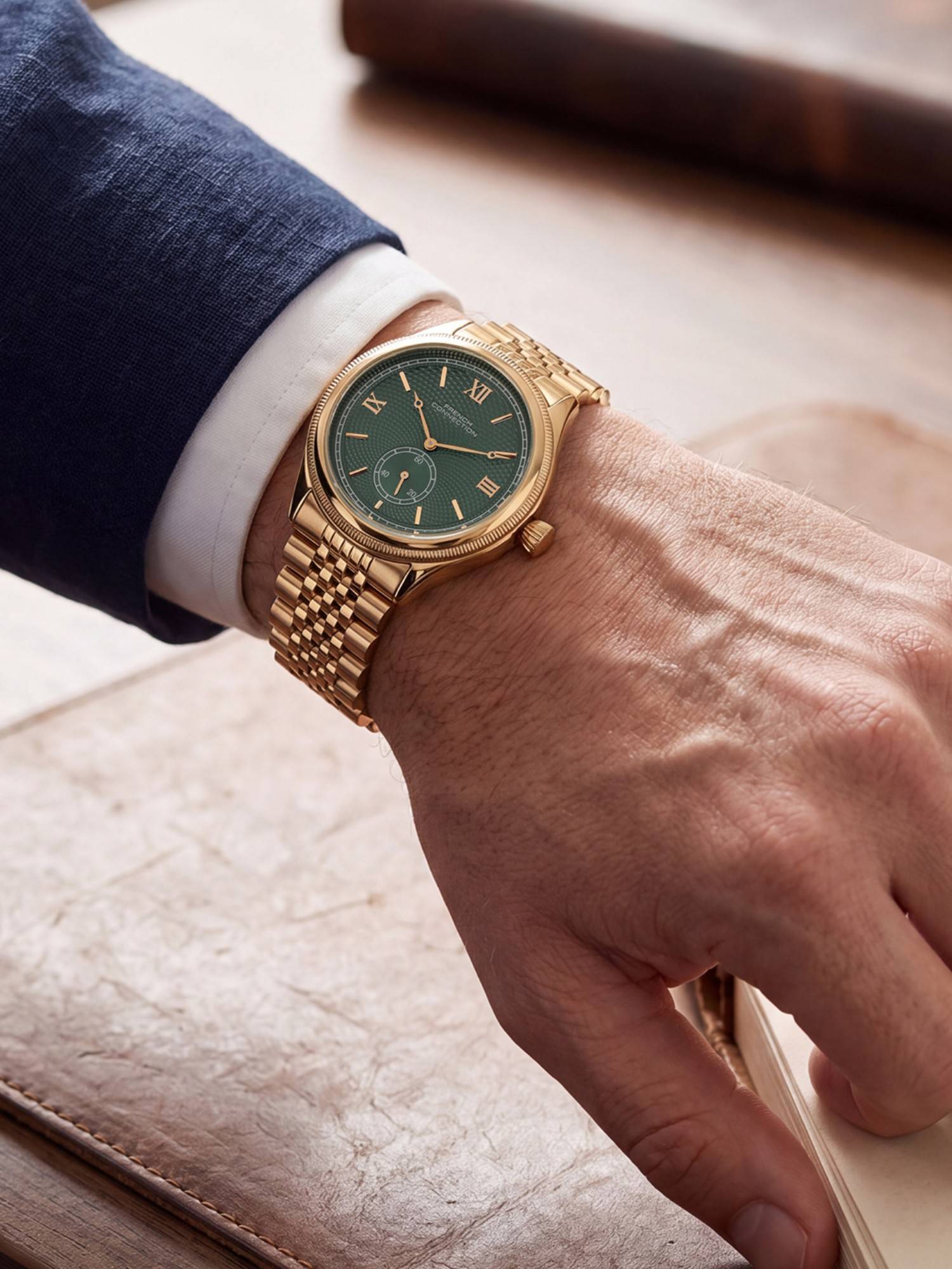 French Connection Heure Noble Men Stainless Steel Round Green Dial Watch-FCN0208NGM (Medium)