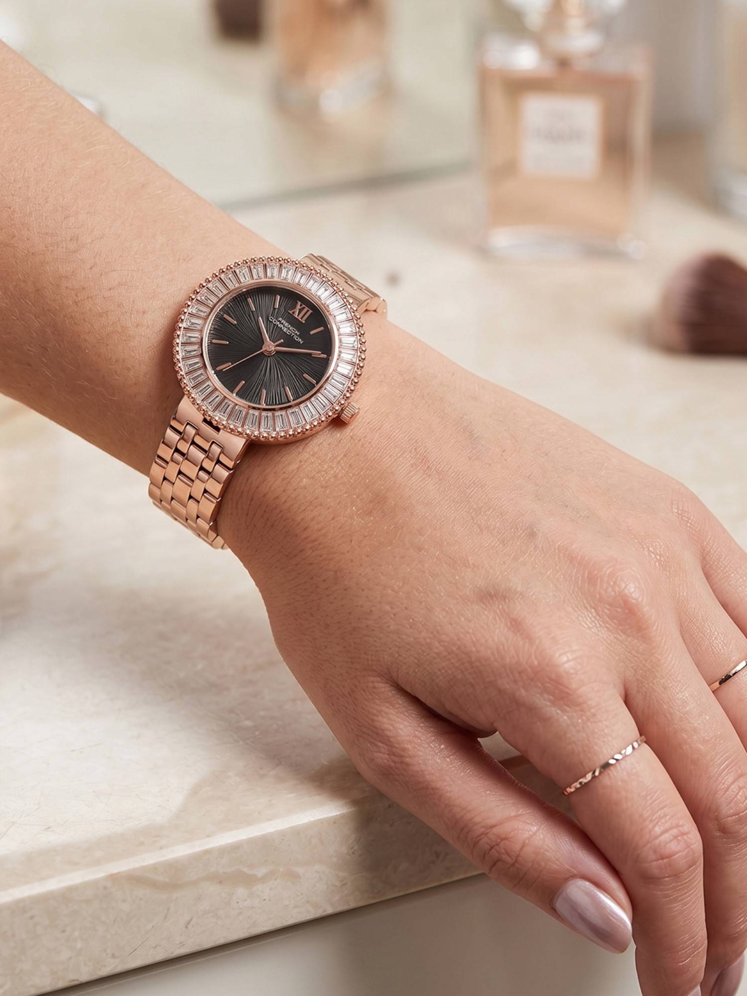 French Connection Couronne eclat Women Stainless Steel Round Black Dial Watch-FCN0213RGM (Medium)