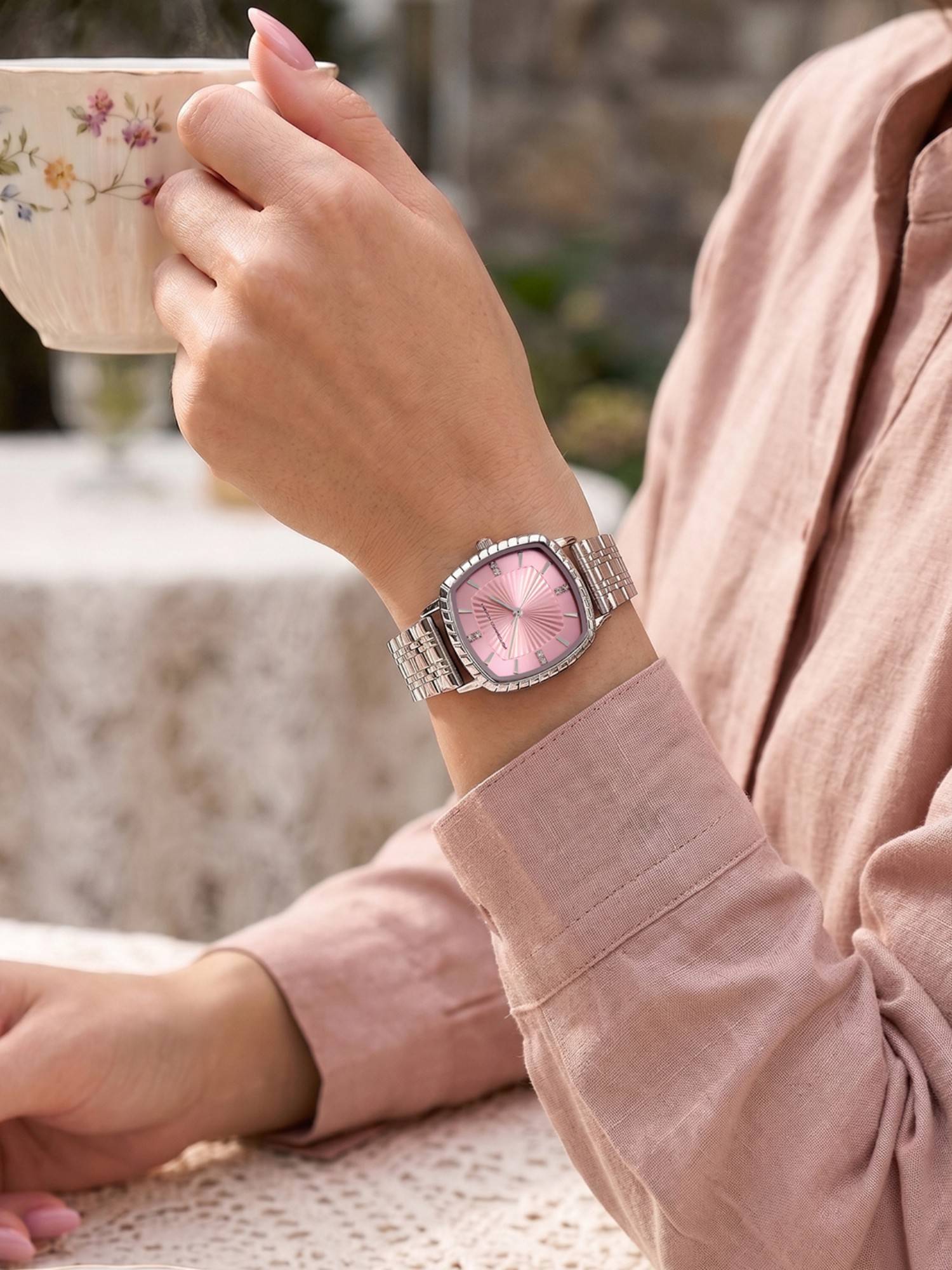 French Connection Luminea Women Stainless Steel Square Pink Dial Watch-FCN0214SM (Medium)