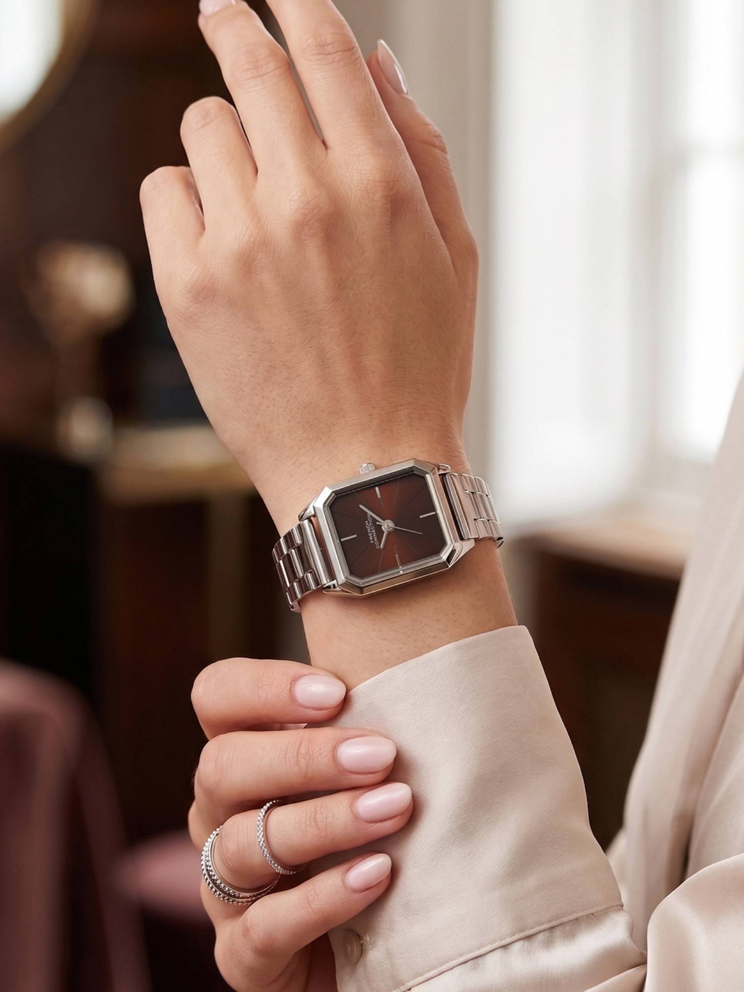 French Connection Novara Women Stainless Steel Rectangular Brown Dial Watch-FCN0215SM (Medium)