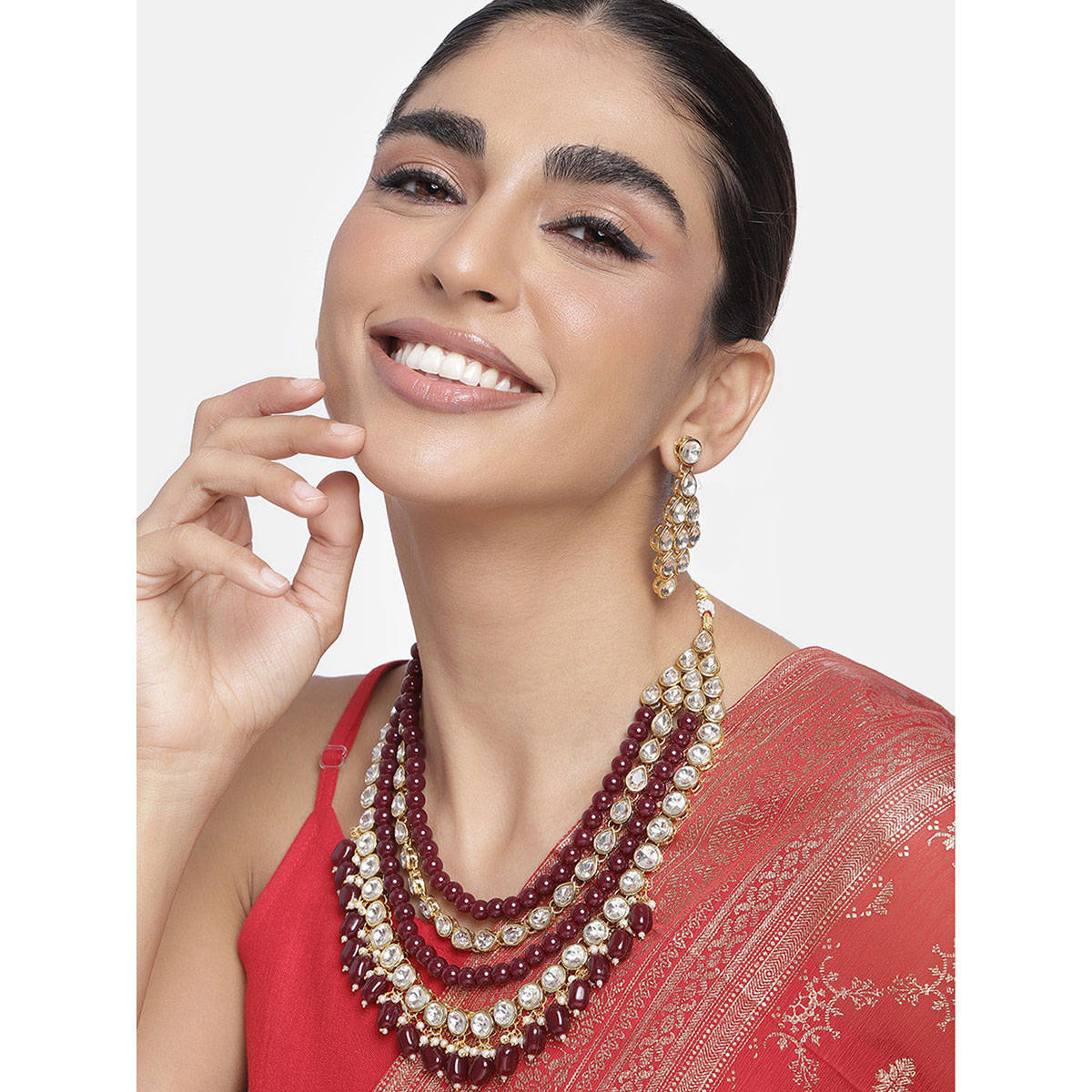 Peora Maroon Faux Pearl and Kundan Studded Long Necklace with Earrings