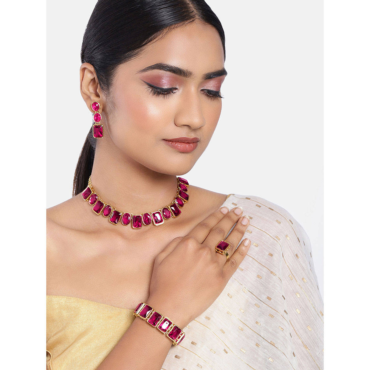 Peora Rani Pink Crystals Studded Necklace with Drop Earrings Bracelet Finger Ring