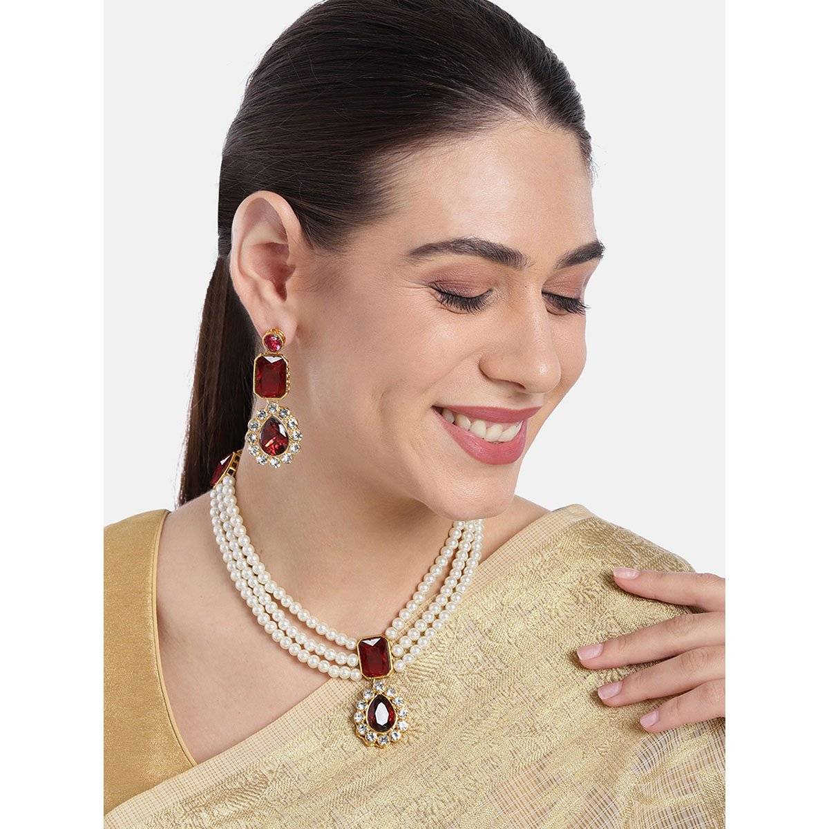Peora Faux Pearl and Maroon Crystal Studded Long Necklace with Earrings