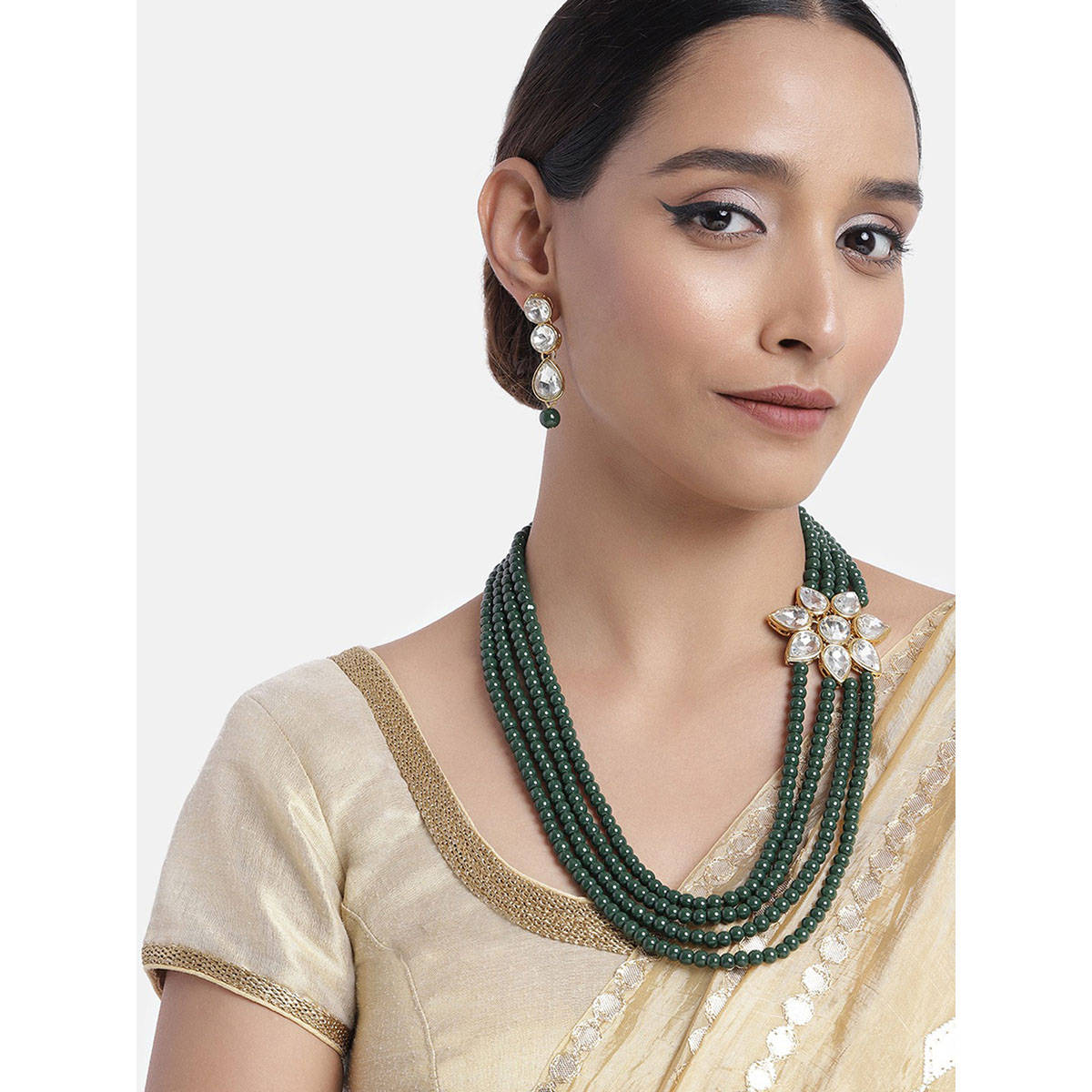 Peora Kundan with Green Faux Pearl Studded Long Necklace with Earrings