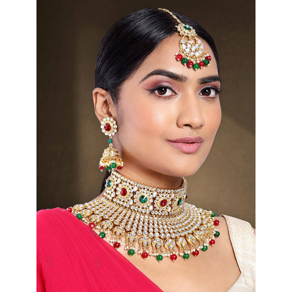 Peora Red and Green Stones Beads and Kundan Choker Necklace Earrings and Maang Tikka