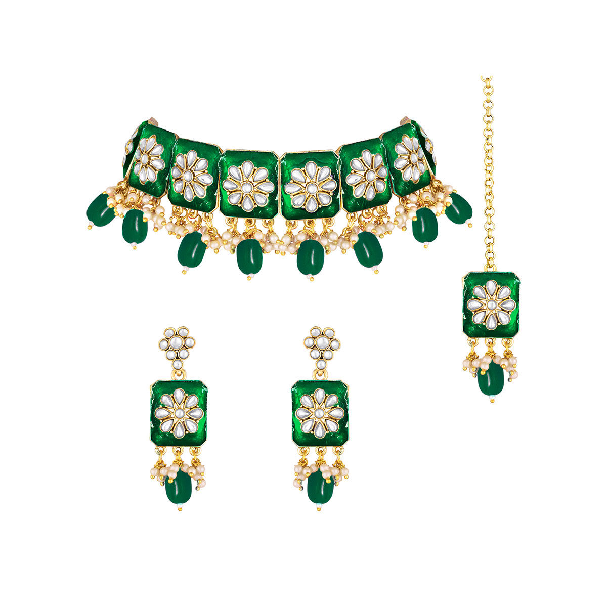 Buy Peora Green Meenakari Enamel with Green Faux Pearl Choker Necklace ...