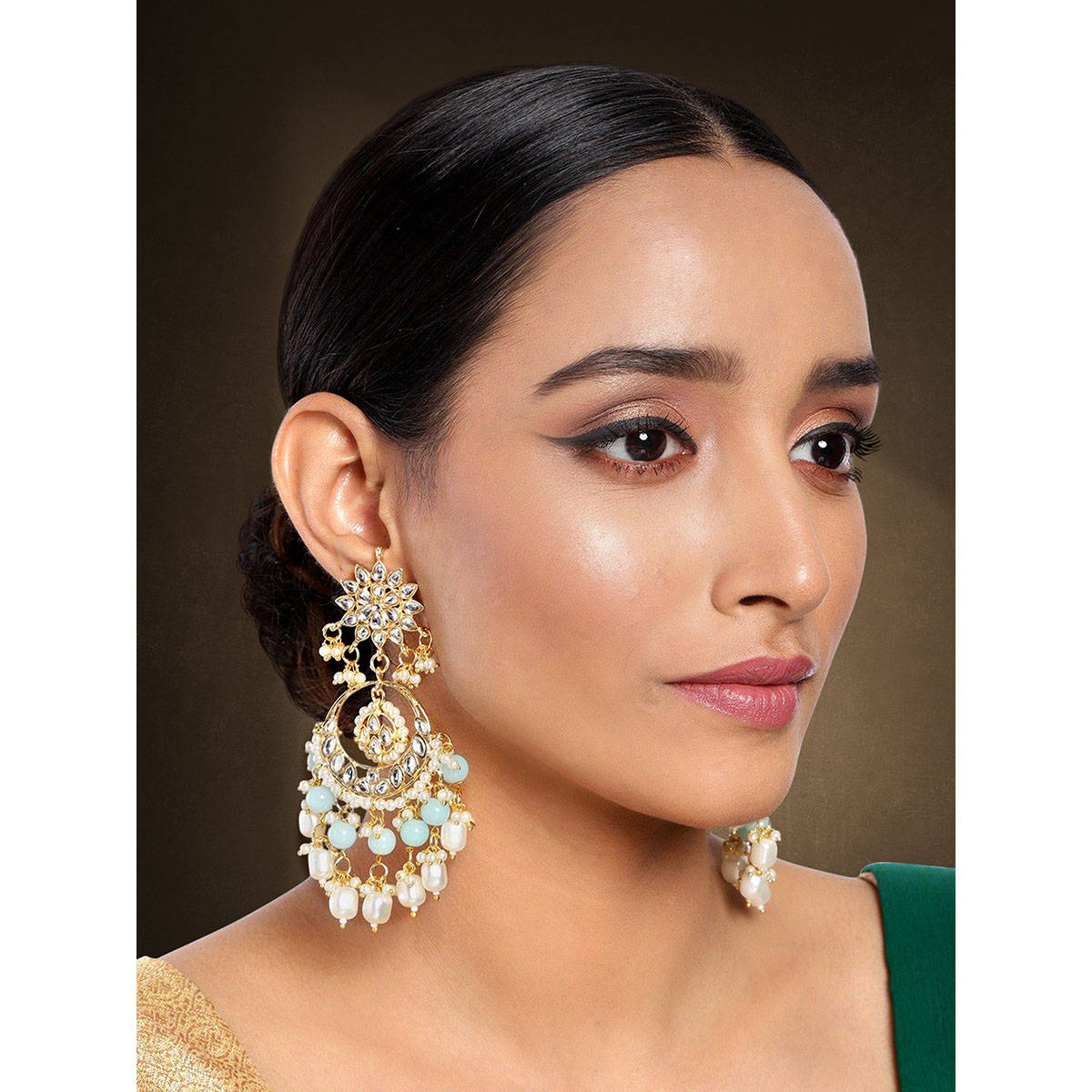 Peora Kundan Pearl Floral Sky Blue Chand Bali Earrings