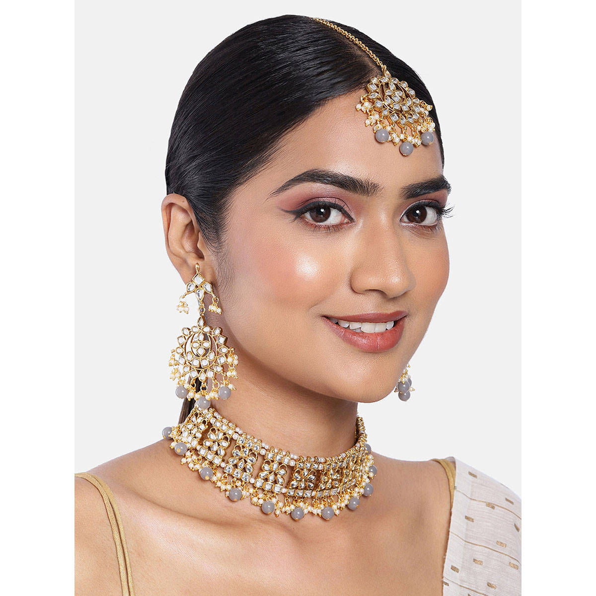 Peora Grey Faux Pearls and Kundan Choker Necklace Earrings Maang Tikka Set