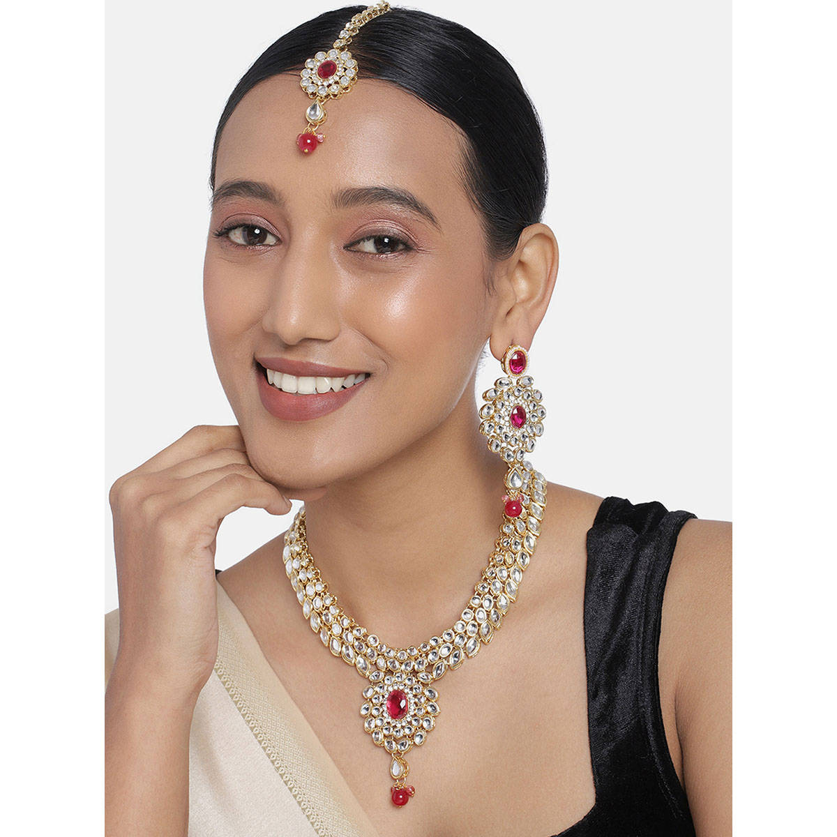 Peora Indian Kundan Rani Pink Necklace Earrings Maang Tikka Set