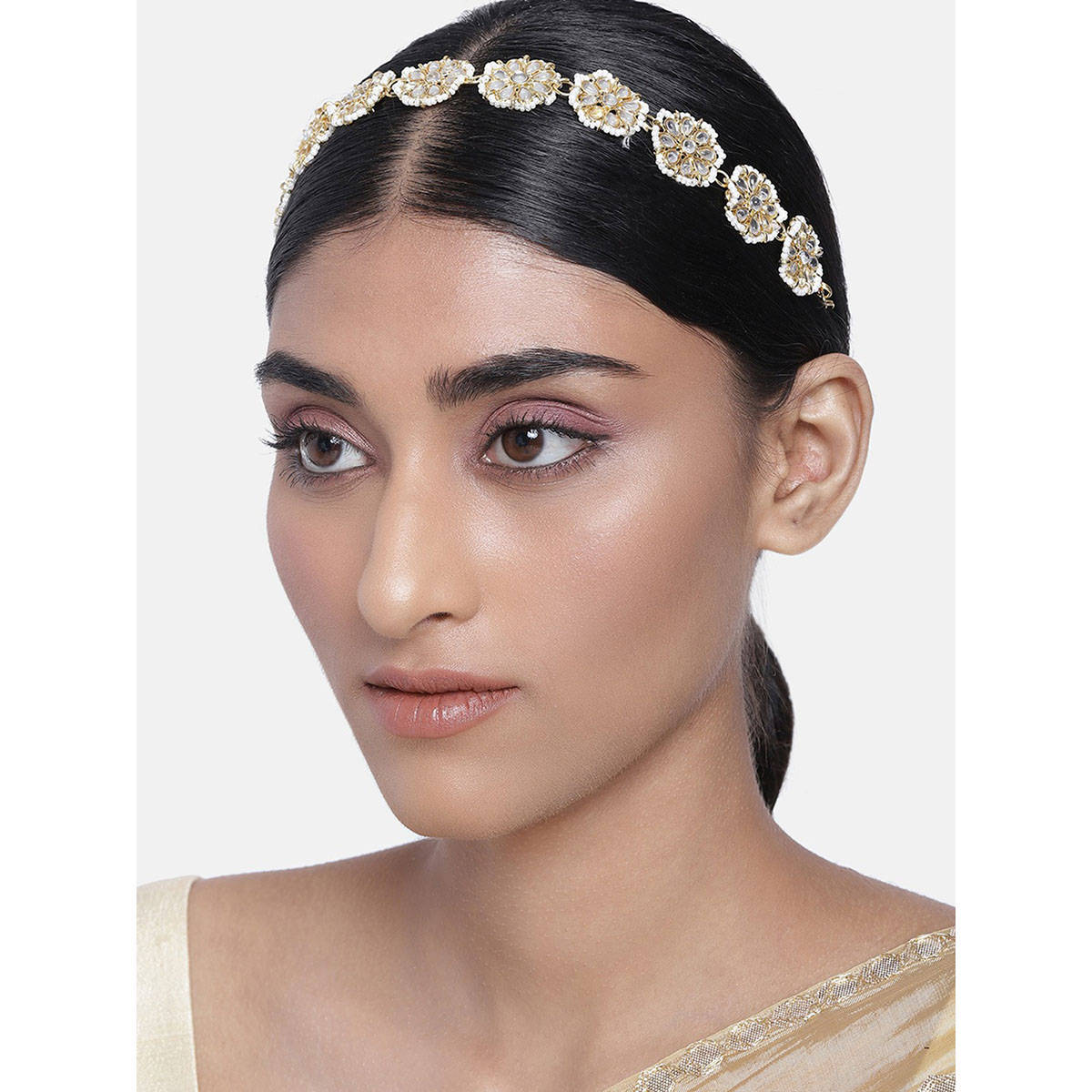 Peora Gold Plated Floral Kundan Brass Alloy Pearl Studded Rajasthani Sheeshpatti