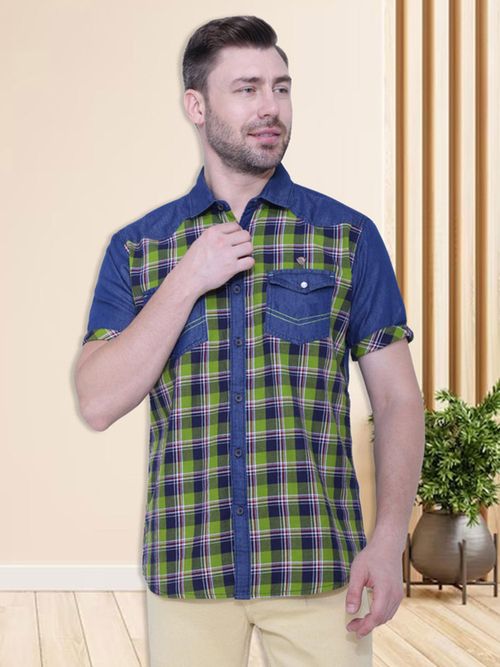 KUONS AVENUE Men Denim Half Sleeve Checks Shirt