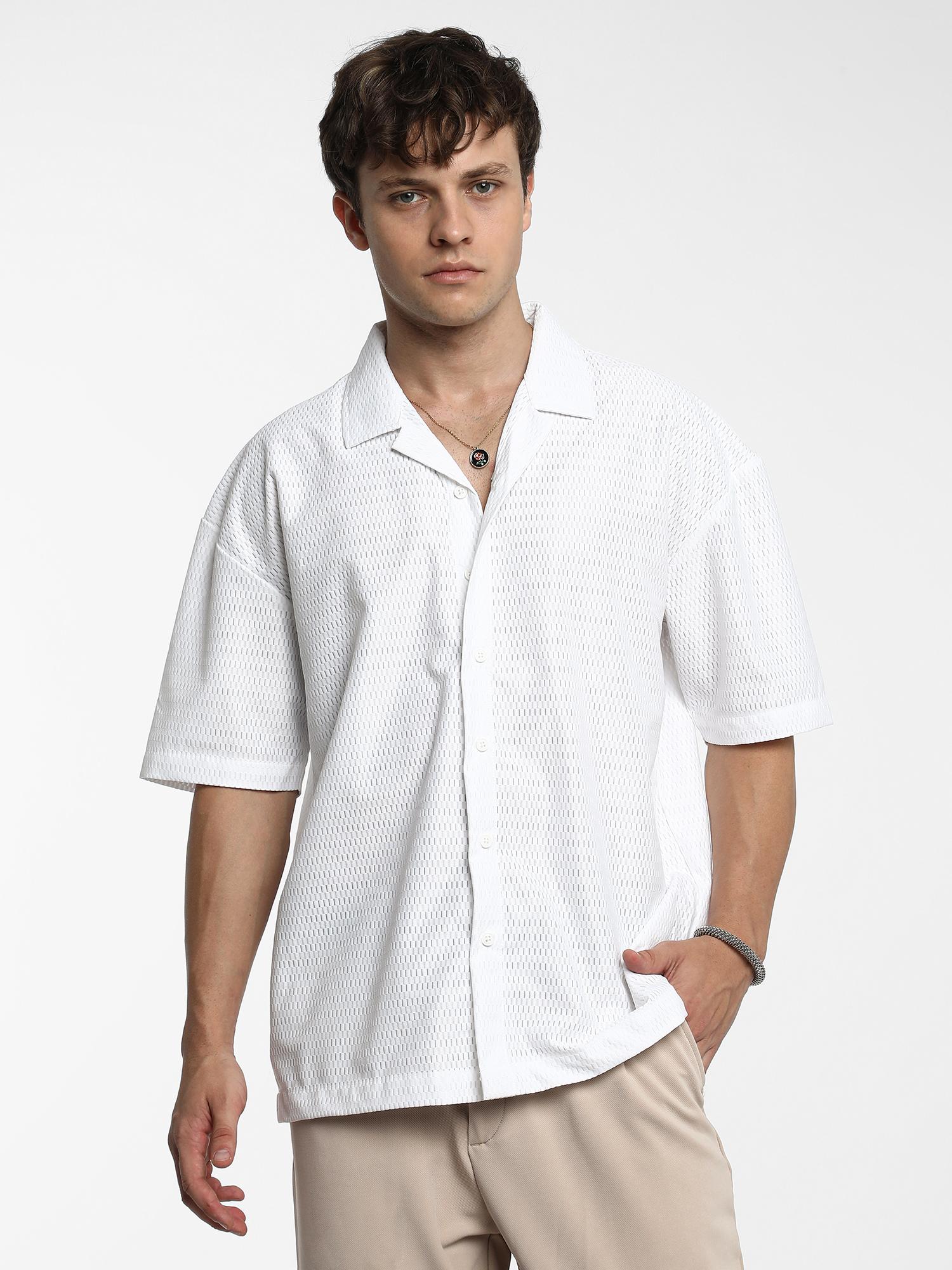 Buy Campus Sutra Men Chalk White Oversized Honeycomb Shirt Online