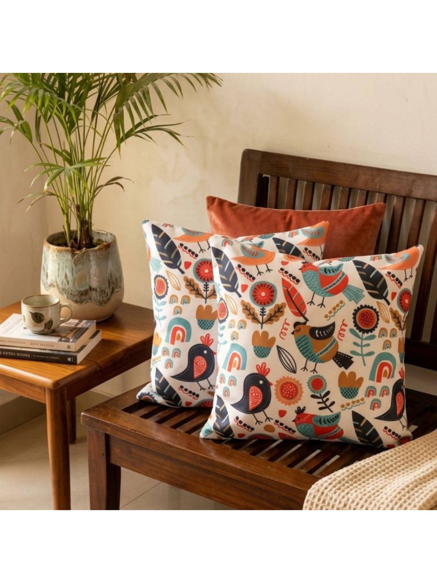 Akira Furnishings Chirpy Birds Cushion Cover (Pack of 2) (16x16 inches)