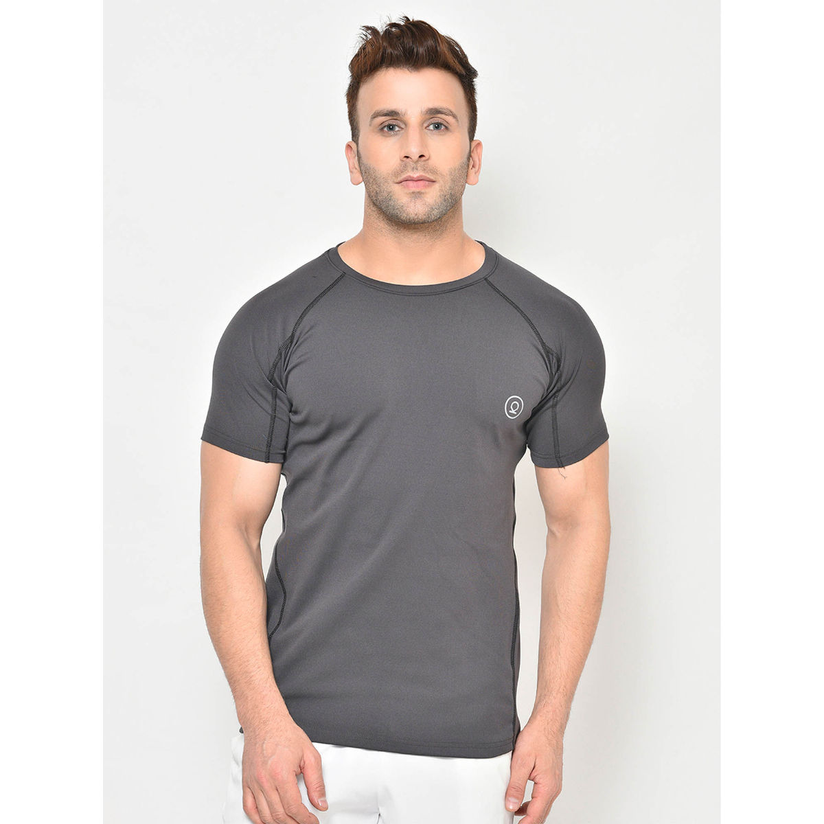 CHKOKKO Men'S Compression Round Neck Regular Dry Fit Gym Sports T-Shirt Dark Grey (XL)