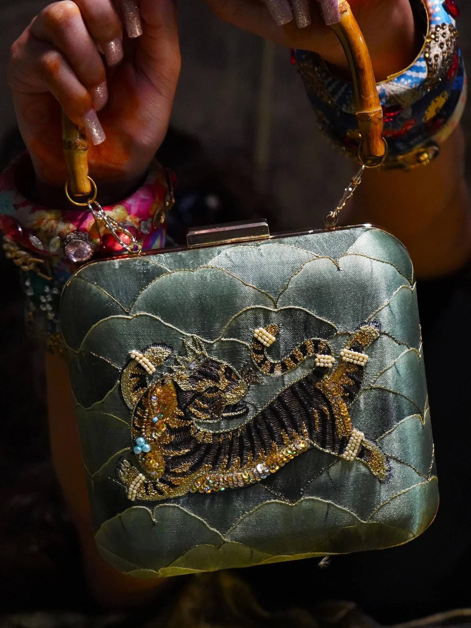 Puneet Gupta Ginza Tiger Green Embroidered Clutch