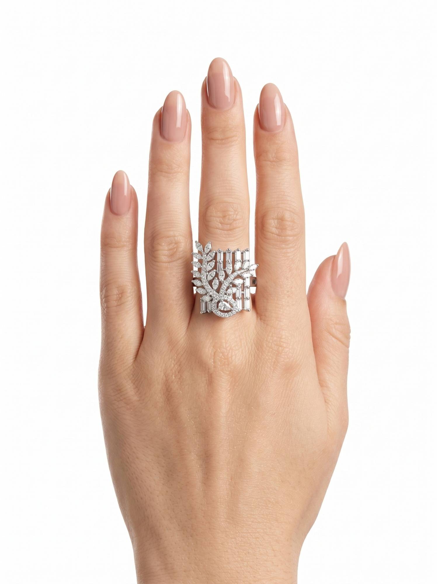 Adwitiya Radiant Baguette and Leaf Motif Adjustable Statement Ring