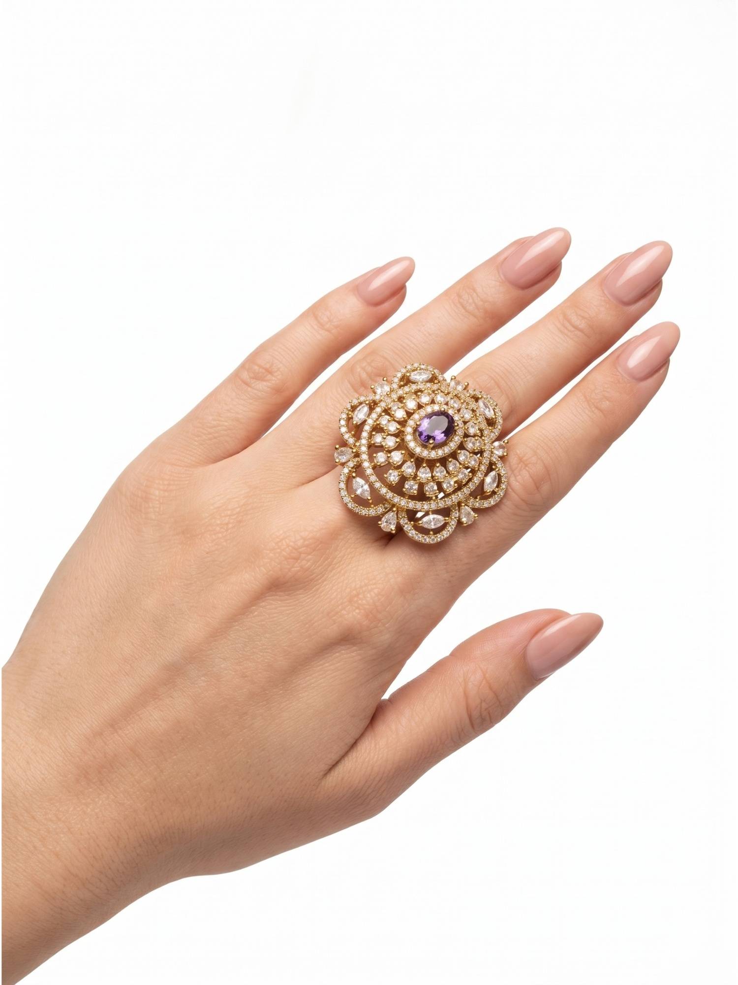Adwitiya Floral Amethyst Gold Adjustable Statement Ring