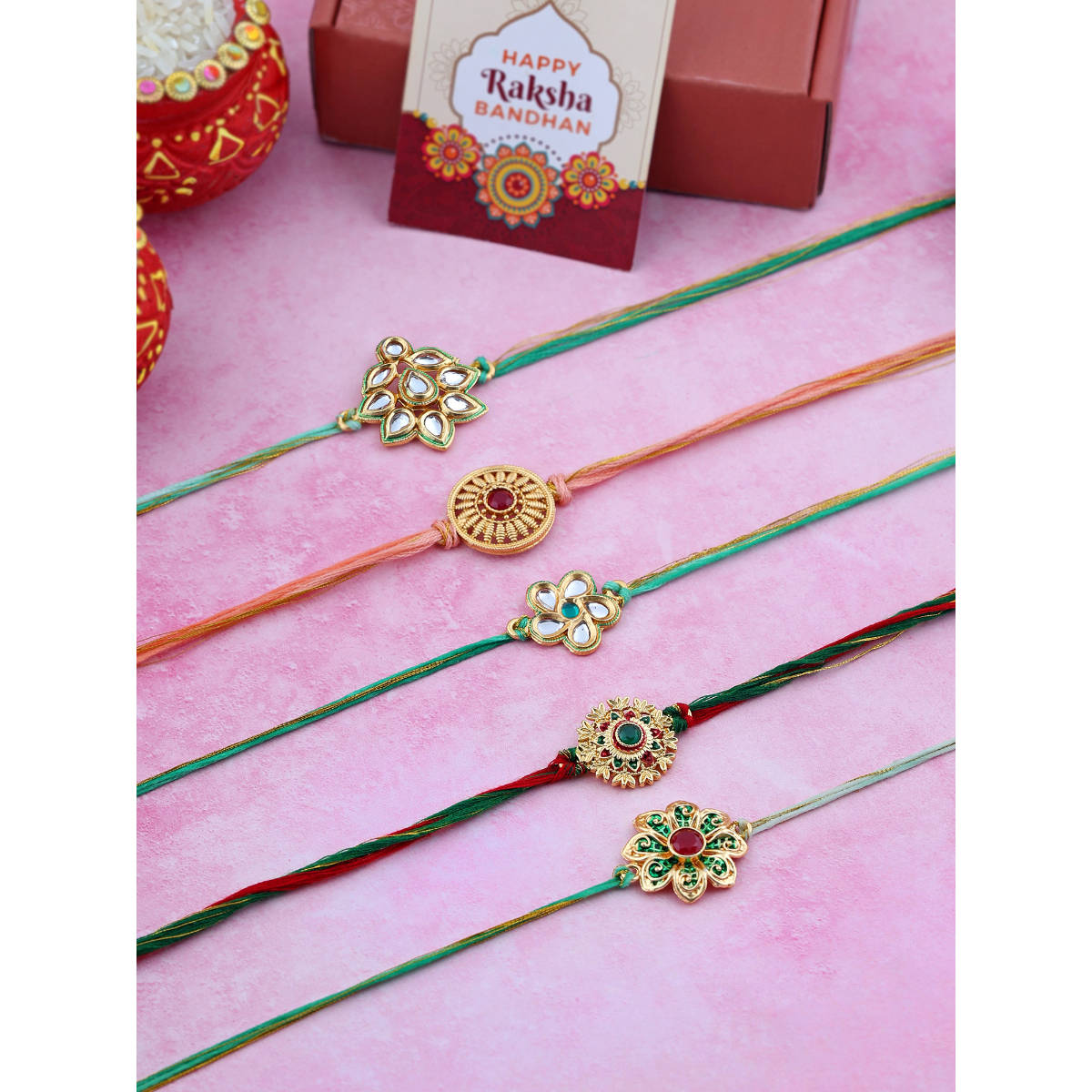 VIRAASI Thread Rakhi with Roli Chawal Multi-Color Pack of 5