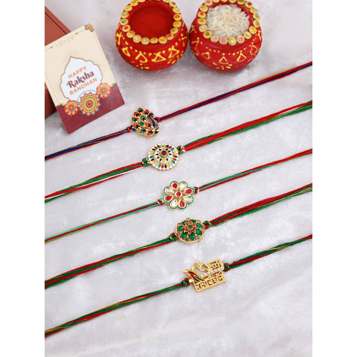 VIRAASI Thread Rakhi with Roli Chawal Multi-Color Pack of 5