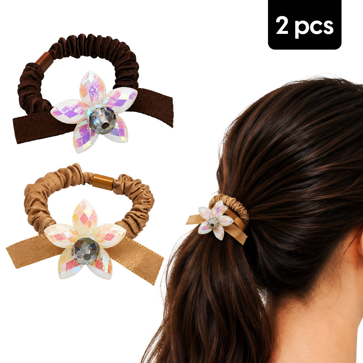 Matra Satin Hair Ties Scrunchies Ponytail Holders Rubber Bands with Flower Charm - Assorted Colors