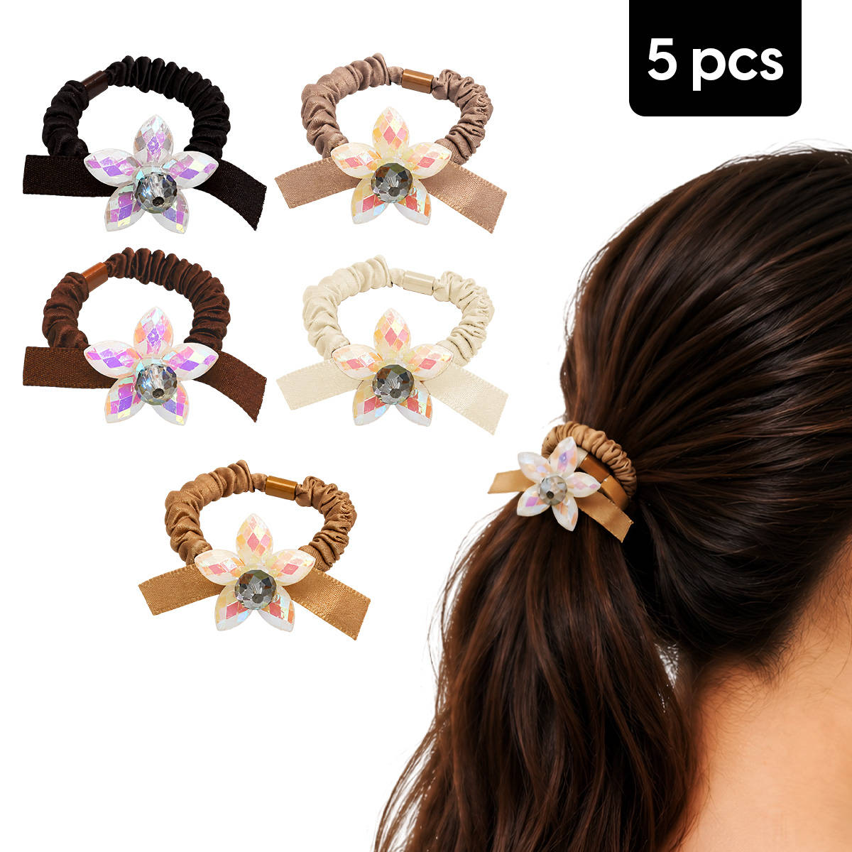 Matra Satin Hair Scrunchies Ponytail Holders Rubber Bands with Flower Charm - Assorted Colors (5Pcs)