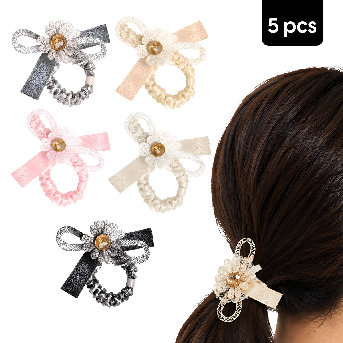 Matra Bow Hair Ties Scrunchies Rubber Bands with Ribbon Flower Ponytail Holders - Assorted Colours