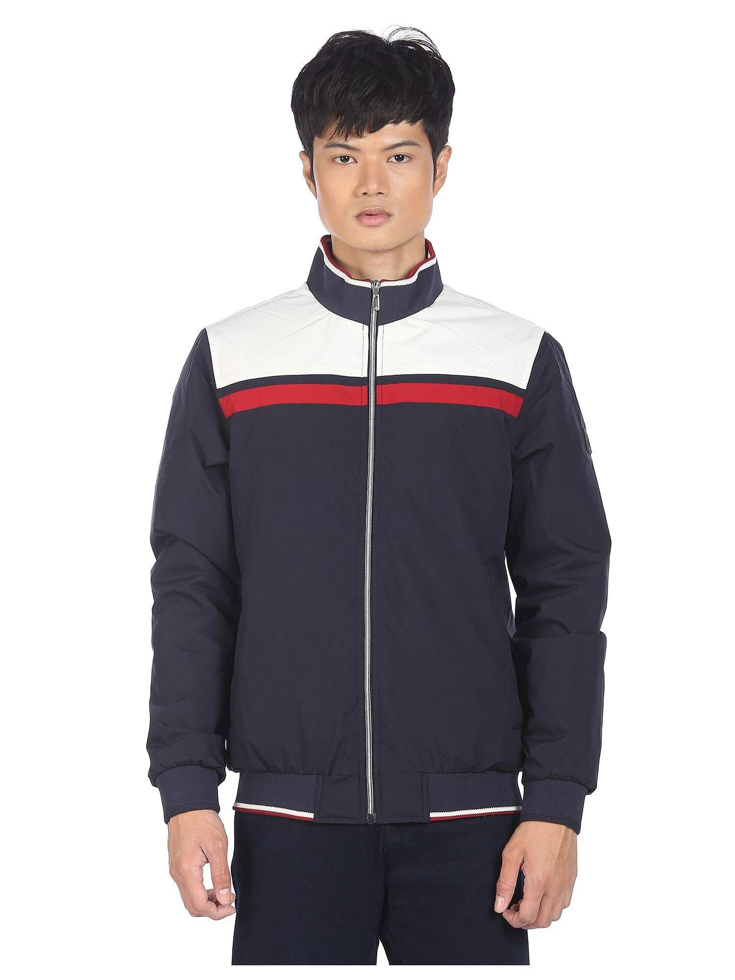 Buy Arrow Sports Men Navy High Neck Colorblock Bomber Jacket Online